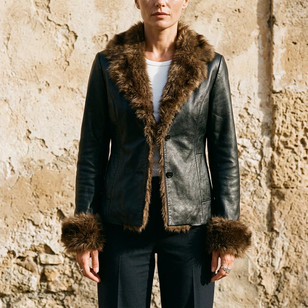 Lederjacken Outlet24 - Tilev | Pelzbesetzte Leder Jacke Damen