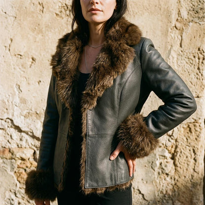 Lederjacken Outlet24 - Tilev | Pelzbesetzte Leder Jacke Damen