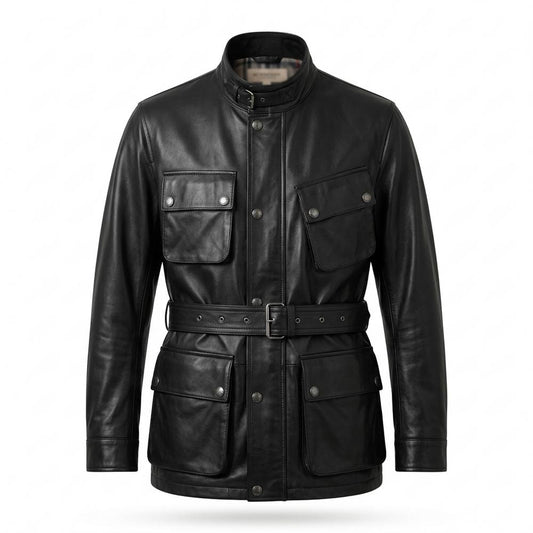 Lederjacken Outlet24 - Aagit | Gegürtelt Geknöpft Lederjacke Herren