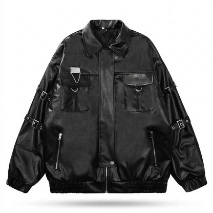 Lederjacken Outlet24 - Almel | Oversized Riemenverziert Lederjacke Unisex