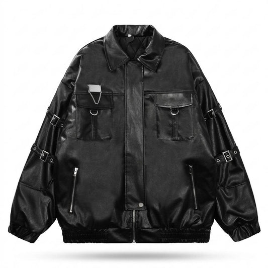 Lederjacken Outlet24 - Almel | Oversized Riemenverziert Lederjacke Unisex