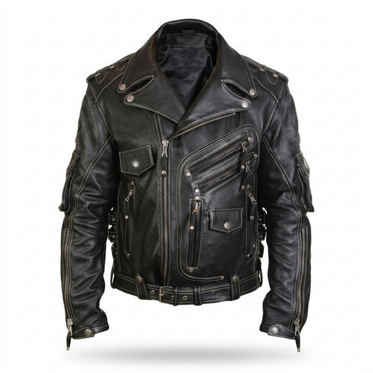 Lederjacken Outlet24 - Zarak | Kontrastgesteppt Multipocket Lederjacke Herren