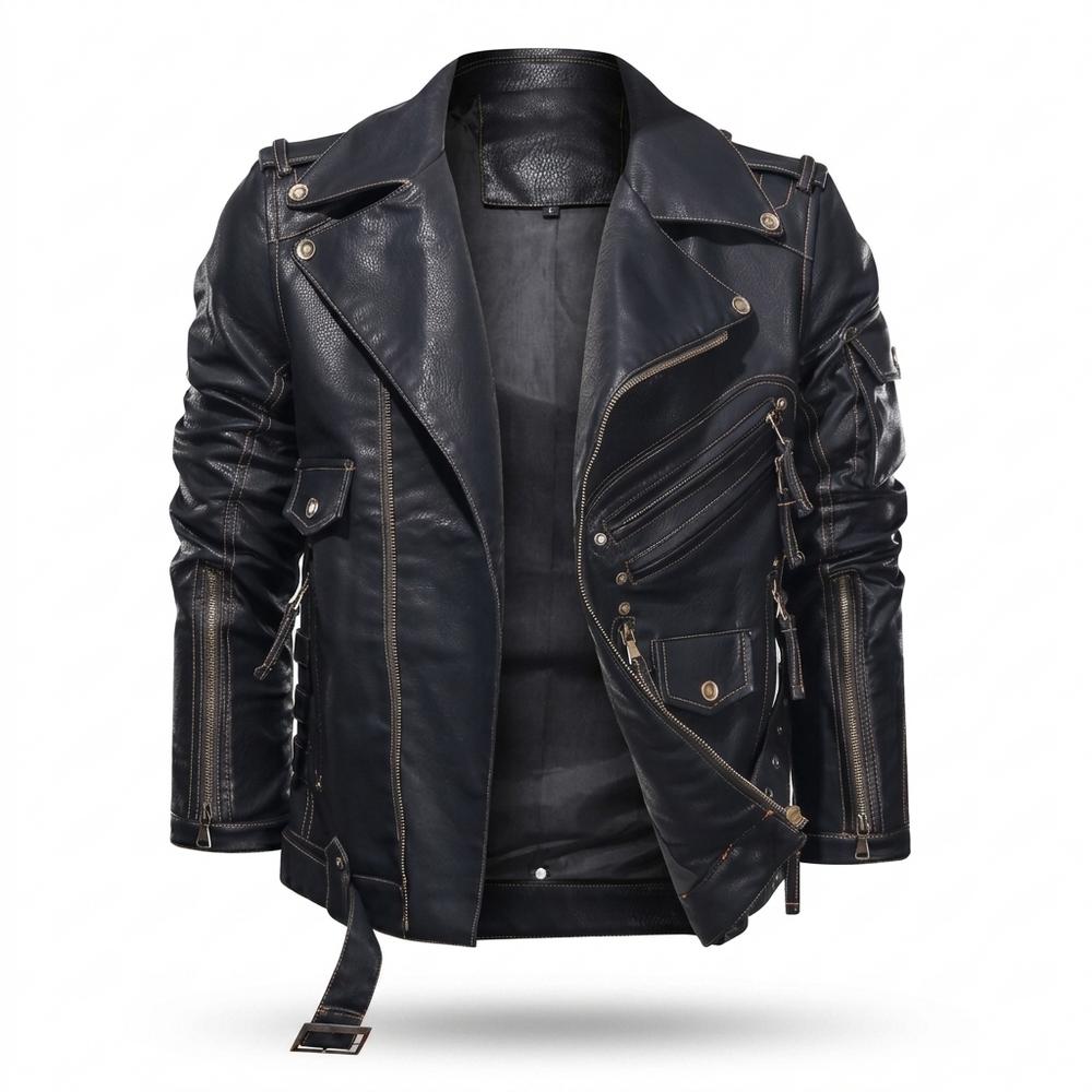 Lederjacken Outlet24 - Talin | Asymmetrisch Gegürtelt Lederjacke Herren